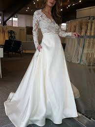 Cheap V Neck Lace Long Sleeves Satin Wedding Dress With Pocket Ow337 Abendkleid A Linie Kleider Hochzeit Brautkleid