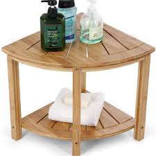 Bamboo corner shower bench with storage shelf for bathroom organization. Bamboo Corner Shower Caddy Bathroom Bench Sturdy Waterproof Stool With Shelf Foot Stool Global Sources