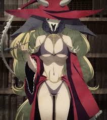 easlies swordfrail, dead mount death play, anime screenshot, highres,  stitched, third-party edit, 1girl, blonde hair, breasts, cleavage, film  grain, hat, large breasts, long hair, mask, navel, underboob, very long  hair - Image