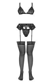 Lingerie is a category of primarily women's clothing including undergarments (mainly brassieres), sleepwear, and lightweight robes. Black Floral Embroidered Lace 3 Piece Lingerie Set Prettylittlething Il