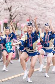 せいせき桜まつり 満開の桜の下で踊るひょっとこ連の女性の団扇踊り 日本 祭り カーニバル 阿波おどり
