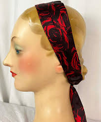 Eugenia Kim Silk Print Pleated Headband Roses Red Black Elastic Back Ties