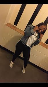 Baddie Black And White Vans Outfit Denim Jacket White Graphic Top Checkerboard Vans Two Stripes On The Slides Leggings Girls Legging Outfits Black Vans Outfit Black Leggings Outfit Summer