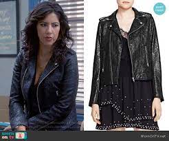 Rosa S Lace Patterned Leather Moto Jacket On Brooklyn Nine Nine Leather Moto Jacket Moto Jacket Fashion Outfits