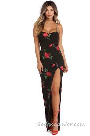Muhtesem 2020 Abiye Elbise Modelleri Siyah Uzun Ip Askili Derin Yirtmacli Cicek Desenli The Dress Elbise Modelleri Elbise