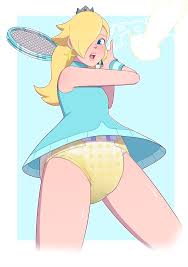 pieceofsoap, rosalina, mario (series), mario tennis, mario tennis aces,  nintendo, highres, blonde hair, blue dress, diaper, dress, long hair,  looking to the side, open mouth, pee, racket, short dress, standing, tennis  racket,