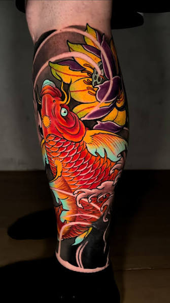 LOWER LEG SLEEVE (JAPANESE / KOI FISH TATTOO), Bold colour, flowing movement, and classic Japanese symbolism., This lower leg sleeve features two contrasting koi fish surrounded by traditional ...