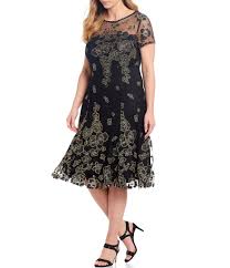 Ignite Evenings Plus Size Glitter Beaded Mesh Illusion Fit And Flair Midi Dress