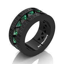 Mens Modern Italian 14k Black Gold Triangle Black Diamond Emerald Channel Cluster Engraved Wedding Band R777e 14kbgembd Black Gold Ring Black Gold Jewelry Art Masters Jewelry