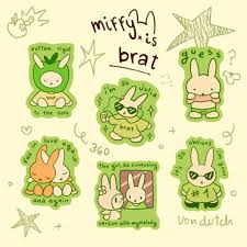 miffy (character), my melody, brat (charli xcx), miffy, onegai my melody,  sanrio, commentary, english commentary, highres, 1other, 2girls, animal  ears, apple, chibi, chibi only, clothes lift, crossover, digital media  player, english text,