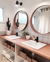 Salle De Bain Nature Doubles Vasques Et Miroirs Ronds Decoration Salle De Bain Idee Salle De Bain Decoration Salle