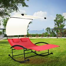 Its innovative functionality allows you to quickly and easily convert it from a two person chaise lounge to an outdoor sofa, or to a fully flat daybed. Ikayaa Outdoor Double Chaise Rocker W Canopy Textilene Garden Pool Double Lounge Chair Bed Patio Loveseat Furniture Walmart Com Walmart Com