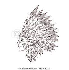 White indian headdress with feathers icon isolated with long shadow. Indian Chief Head Native American Headdress Sketch Indian Chief In Indigenous Headdress Of Eagle Feathers Sketch Isolated Canstock