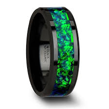 Athena Black Ceramic Women S Wedding Band With Green Blue Opal Inlay Ceramic Wedding Bands Ceramic Wedding Ring Rings For Men