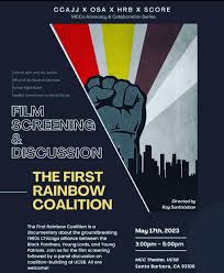 Hi everyone!! Slide thru Wednesday May 17th from 3-5PM in the MCC theatre  for a film showing of “The First Rainbow Coalition” 🌈💓 + discussion  panel! The discussion panel will be facilitated