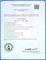 Certificate Of Good Standing For Ironridge Global Iv Ltd From The Registrar Of Corporate Affairs From The Brit Business Company Global British Virgin Islands