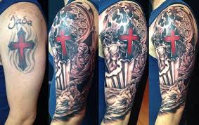 A striking sleeve tattoo with a fragile cross tinted with cracks is supported by the divine ambiance of heavily feathered wings that flutter skyward. Good Vs Evil Tattoos 15 Amazing Collections Design Press