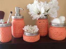 Showing results for coral bathroom accessories. Mason Jar Bathroom Set Mason Jar Decor Bathroom Decor Bridal Shower Gift Soap Dispenser Country Decor Housewarming Gift Rustic Bath Mason Jar Bathroom Mason Jars Painted Mason Jars
