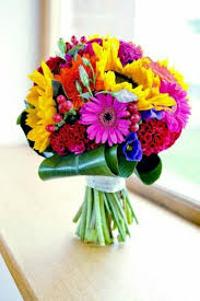 Purple color roses (small daisy bouquet) $15.00. Bright Candy Colored Wedding Bouquet With Yellow Sunflowers Fuchsia Gerbera Daisies Orange Gerbe Sunflower Wedding Bouquet Wedding Bouquets Colorful Bouquet