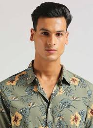 Olive Floral Print Short Sleeve Shirt
