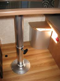 Marine Pedestal Leg Cushions Velcroed To Bases No Retaining Lip Back Of Bench Seat Folds Down To Extend Bed Could F Camper Table Rv Remodel Dinette Tables