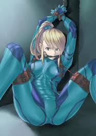 samus aran, metroid, nintendo, highres, arms up, bdsm, bit gag, blonde  hair, blue eyes, bodysuit, bondage, bound, gag, gagged, restrained, spread  legs, zero suit - Image View - | Gelbooru - Anime