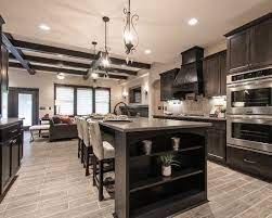 Living Room Kitchen Open Concept With Light Wood Floor Dark Cabinetry Google Search Dark Wood Kitchen Cabinets Dark Wood Kitchens Kitchen Room