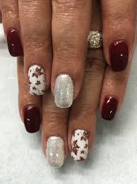 Burgundy Wine Sparkle White Leaf Stamped Fall Gel Nails Fall Gel Nails Burgundy Nails Fall Nail Designs