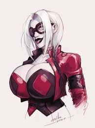 questionable, artist:devil hs, harley quinn, dc, 1girl, alternate breast  size, batman (series), big breasts, breasts, bustier, choker, cleavage,  female, female only, goggles, hourglass figure, huge breasts, large breasts,  lipstick, solo, solo female -