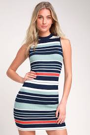 Feel The Rhythm Blue Striped Ribbed Bodycon Dress In 2020 Cute Floral Dresses Blue Cocktail Dress Bodycon Dress