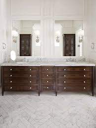 Dark Stain Vanity Traditional Style With Wainscoting Sophisticated Bathroom Marble Herringbone Tile Dark Wood Bathroom