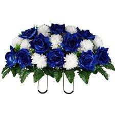 Customers report that real touch mums are particularly authentic looking silk flowers. Sympathy Silks Artificial Cemetery Flowers Sapphire Blue Open Rose With White Mum Saddle For Headstone Walmart Com Walmart Com