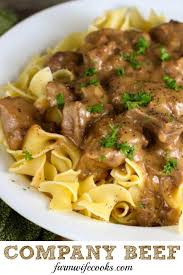 Company Beef Is An Easy Stew Beef Recipe That Uses 5 Ingredients And Is Made With Ginger Ale And Onion Soup Packet Beef Stew Recipe Easy Stew Stew Meat Recipes