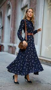 Click For Outfit Details Navy Floral Tie Neck Maxi Dress With Navy Suede Stiletto Pumps A Brown Leather Circle Waist Bel Fashion Classy Dress Trendy Dresses
