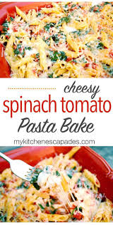 Cheesy Spinach Pasta Bake W Tomatoes Vegetarian Video Baked Pasta Recipes Recipes Spinach Pasta Bake