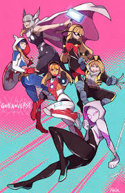 sushi pizza rrr, captain america, captain marvel, gwen stacy, iron man,  spider-gwen, thor (marvel), wolverine (x-men), marvel, commentary, english  commentary, highres, 6+girls, animification, armor, blonde hair, blunt  bangs, bodysuit, captain america ...
