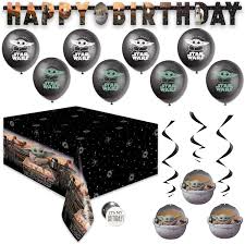 Amazon Com Baby Yoda Mandalorian Party Decorations For The Child Birthday Party Serves 16 Guests Perfect For Girls And Boys Easy Setup And Takedown With Banner Balloons Hanging Swirls And More Toys
