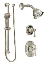 Moen 535bn Brushed Nickel Pressure Balanced Shower System With Shower Head Integrated Volume Control Diverter And Hand Shower From The Kingsley Collection V Shower Systems Shower Heads Moen Shower System