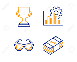 Seo Graph Award Cup And Sunglasses Icons Simple Set Usd Currency