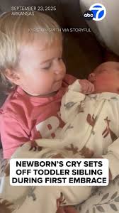 A toddler's first time holding her baby brother quickly turned from giggles  to tears as the newborn's cry set off his older sibling! 👶😭