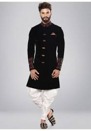The traditional indian designer dresses for men as conceptualised by brand rr have been evolved and reimagined from old world costumes and vintage the purpose, authenticity and practicality is key when conceptualising these designer dresses for men. Black Readymade Velvet Indo Western Sherwani Most Loved Styles 229mw03