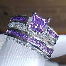 Princess Luxury 925 Sterling Silver Amethyst Cz Gemstones Wedding Set Rings Size 6 7 8 9 Wish Amethyst Wedding Rings Gemstone Wedding Set Purple Jewelry
