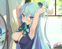 aqua eyes aqua hair aqua (konosuba) blush breasts cleavage cropped flowers  kono subarashii sekai ni shukufuku wo! long hair mirror no bra open shirt  ponytail reflection satou kazuma sideboob tam-u | konachan.net -