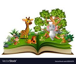 Open Book With Animal Cartoon Playing In The Park Under A Big Tree Download A Free Preview Or High Quality Adobe Il In 2020 Safari Scrapbook Cartoon Animals Open Book