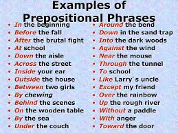 Common prepositional phrase examples include about, after, at, before, behind, by, during, for, from, in, of, over, past, to, under, up, and with. Prepositional Phrases Ppt Download