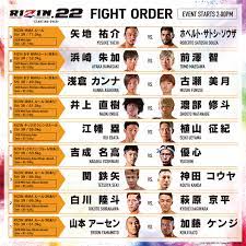 Rizin fighting federation (rizin ff) is a japanese mixed martial arts organization created in 2015 by the former pride fighting championships and dream stage entertainment president nobuyuki. Rizin Ff English On Twitter Rizin 22 23 Fight Oder