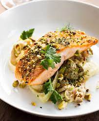 Dukkah Spiced Salmon With Spring Vegetable Oyster Mushroom Ragout Salmon Spices Fish Recipes Paleo Seafood Recipes