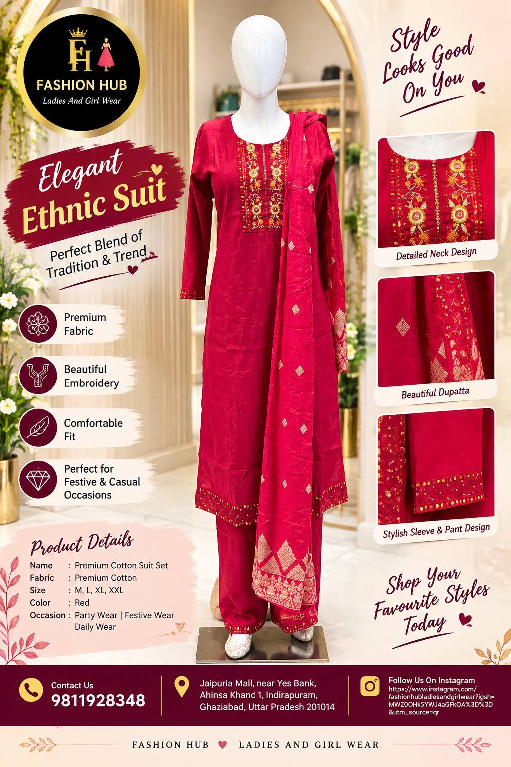 Elegant Red Embroidered Cotton Suit Set with Dupatta product image