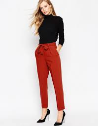 Asos Women S Business Casual Pants In Red With Tie Around Waist Black High Neck Sweater Business Casual Attire Fashion Womens Business Casual