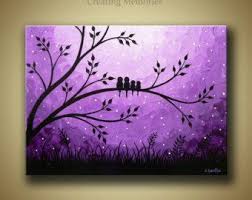 Family Of Birds On Tree Landscape Original Acrylic Painting On Canvas Purple Modern Contemporary Abstract Home Wall De Bird Artwork Canvas Painting Painting